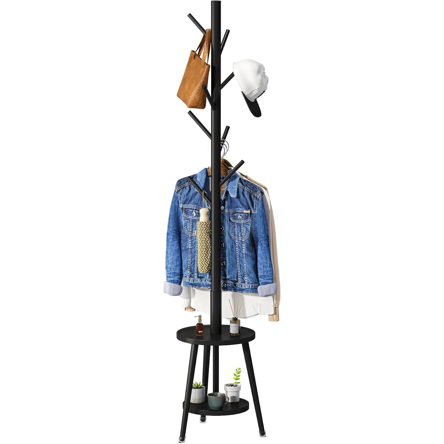 Bamboo Adjustable Height Coat Stand with 8 Hooks Coat Rack with Umbrella Holder Entryway Minimalist Coat Rack Shelf Standing