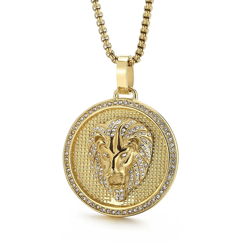 Kalen Vintage Mens Silver/Gold/Black Stainless Steel Lion Badge Pendant With Rhinestones