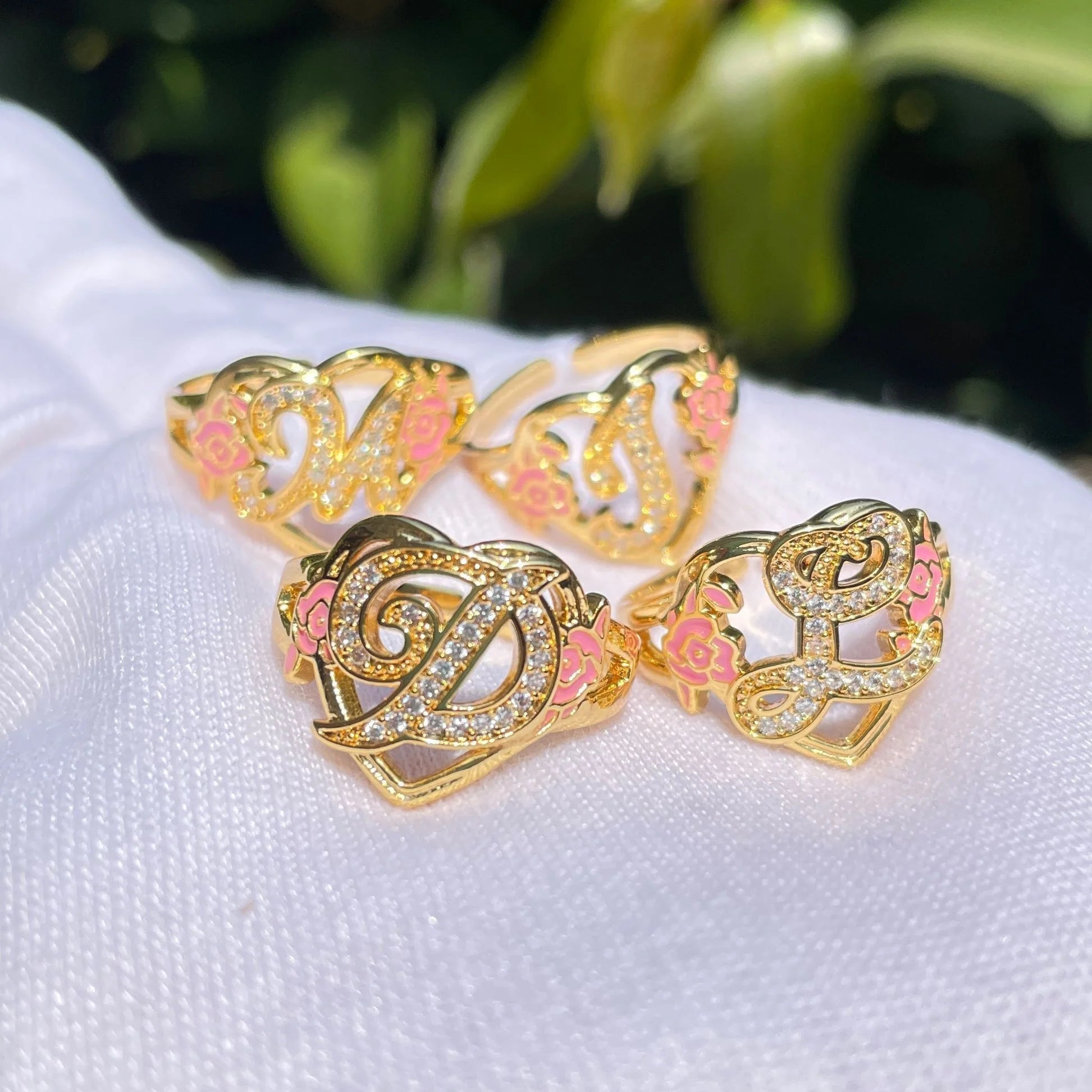 2022 New Design Custom Engraved 26 Letter Pave Zircon Initial Enamel DIY Colorful Rose Flower Adjustable Heart 18K Gold Ring