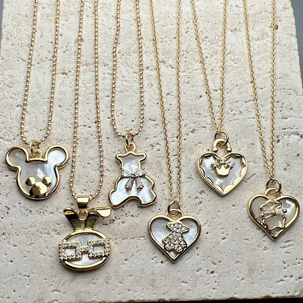 Wholesale Custom Cute Bear Heart Necklace Zircon White MOP Sea Shell Pendant for Women Trendy Jewelry Gift