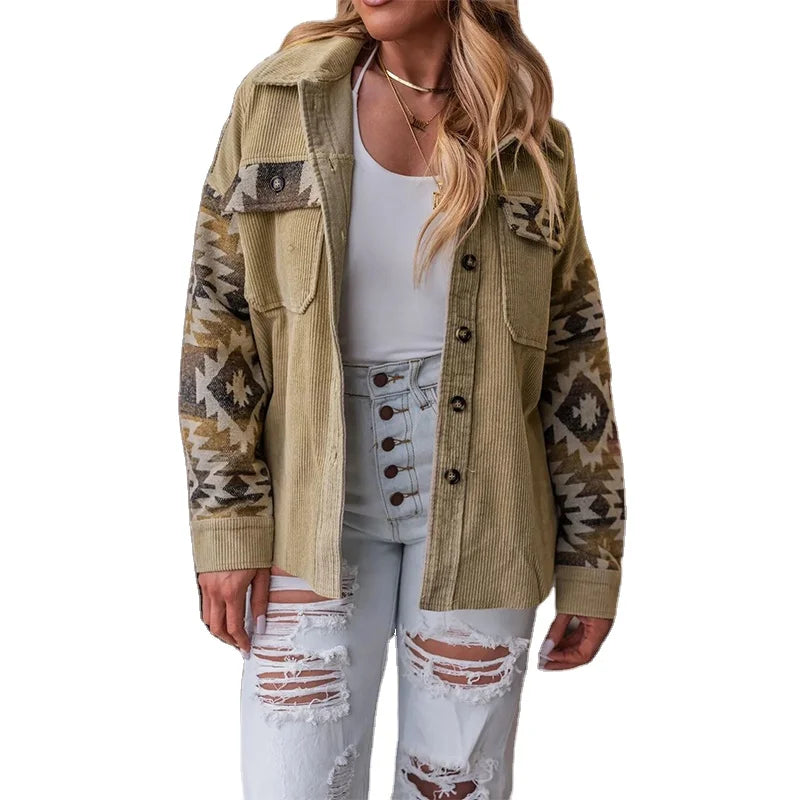 New Design Winter Ladies Atzec Corduroy Girl Jackets Shackets Women's Clothing 2023 Fashion Fall Coats