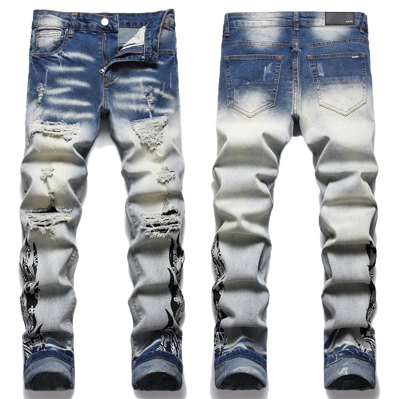 Cotton Bomb Embroidered Leather Label Ripped Print Fashion Men's European Jeans