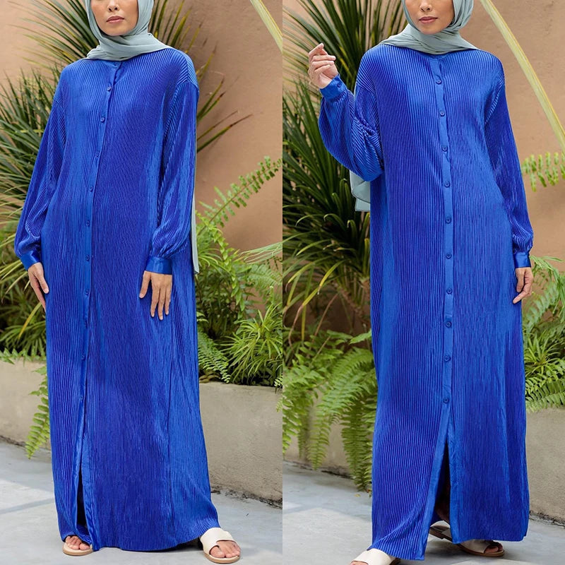 Ramadan Eid Mubarak Kimono Dubai Malaysia Islamic Kaftan Muslim Clothing Pleated Satin Front Button Open Abaya