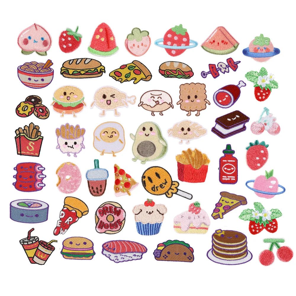 New Cute Food Snack Fruit Theme Chips Hamburger Bread Drinks Dessert Self-adhesive Embroidery Patches Stickers for Clothing Bag