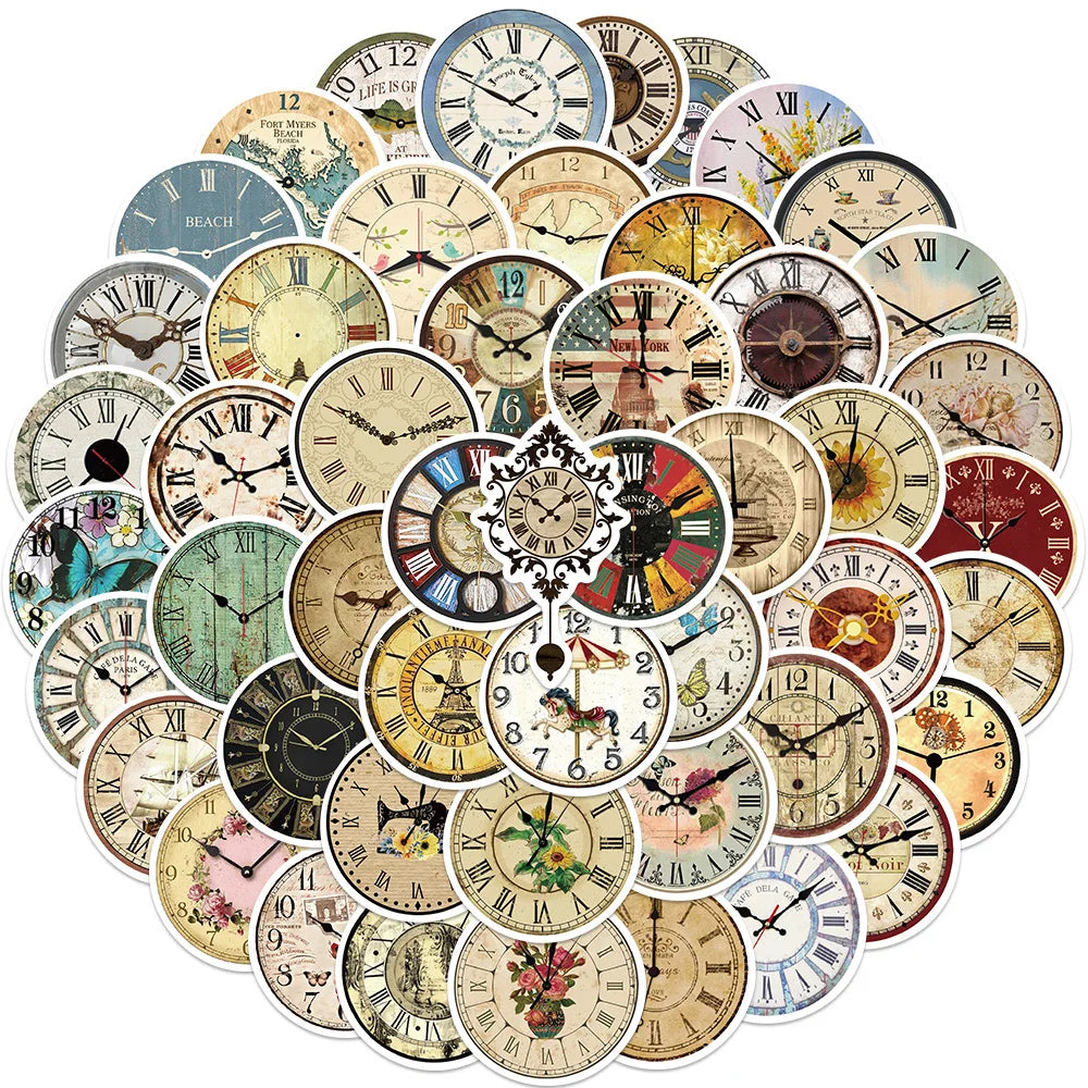 50PCS Not Repeat Round Aesthetic Art Nostalgic Luxury Clocks Decals Retro Wall Clock Sticker