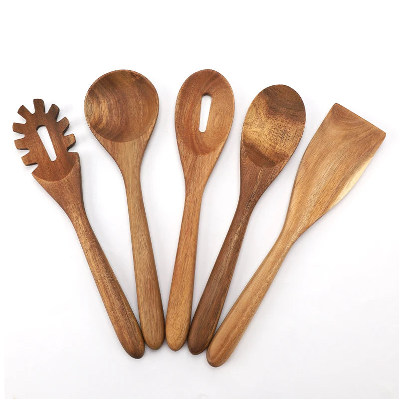 5-Piece Bamboo Wooden Non-Stick Utensils Set Spatula Ladle Turner Pasta Server for Cooking