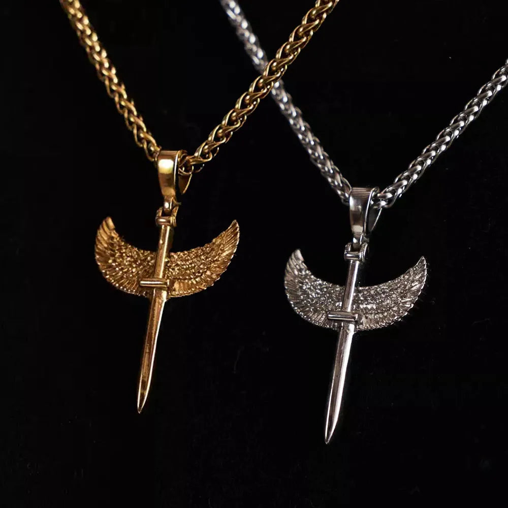 Retro Angel Wings Sword Pendant Necklace Stainless Steel Knife Sward Shaped Pendant Religious Cross Necklace for Unisex