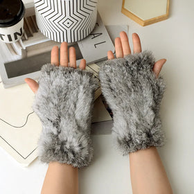 Fashion Winter Thickened Fur Natural Rabbit Hair Gloves Women's Half Finger Elastic Warm Rabbit Hair Gloves for Girls