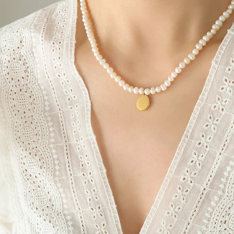 New Trend 18k Gold Plated Stainless Steel Jewelry Square Oval Pendant Bead Full Freshwater Pearl Necklace for Woman