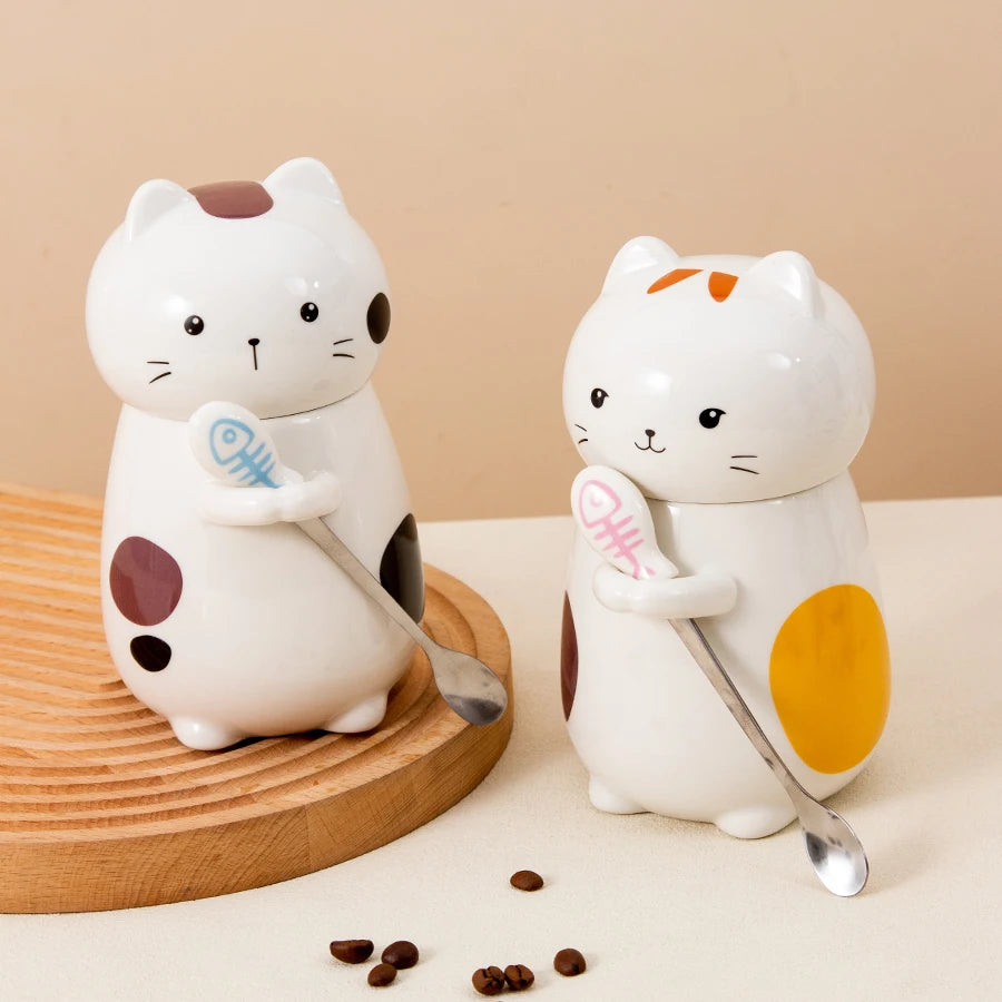 Large Capacity Creative Water Cup Cute 3d Cartoon Cat Ceramic Mug With Lid Spoon Pot Belly Mug Porcelain Couple Coffee Cup