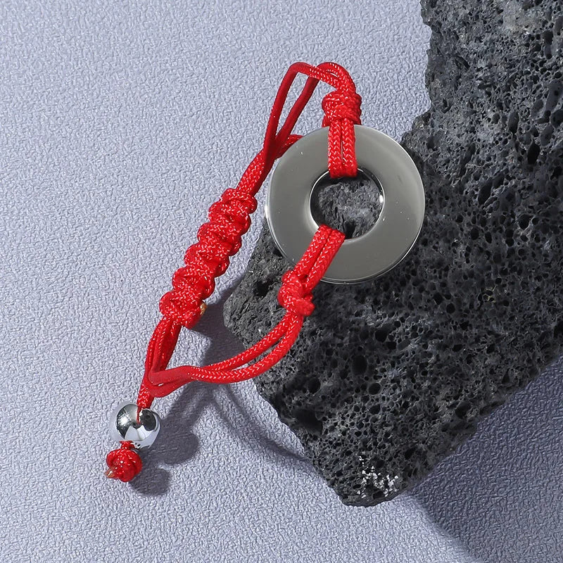 factory stainless steel silver rose gold 18k gold round circle charm macrame rope cord bracelets personalized logo bracelet