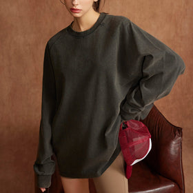 High Quality 285gsm 100%cotton Wash Vintage Round Neck Print Tees Raglan Long Sleeve Women T-shirt Unisex T-shirt