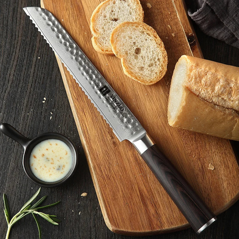 High Quality 67 Layers Damascus Steel Bread Knife With Pakka Wood Handle Custom