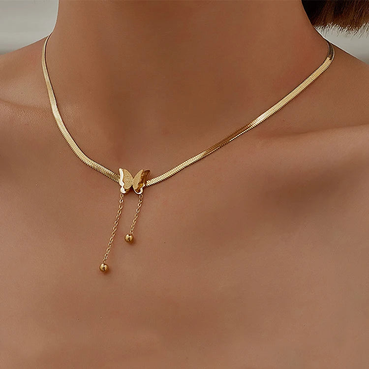 New Arrival Elegant Frosted Texture Butterfly Charm Necklaces in Stainless Steel Flat Snake Chain Necklace