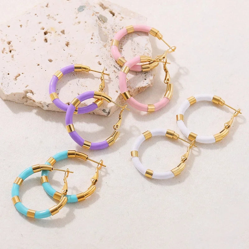Minimalist Geometric 18K Gold Plated Hoop Earrings Ladies Stainless Steel Jewelry Custom Color Enamel Drip Bamboo Hoop Earrings