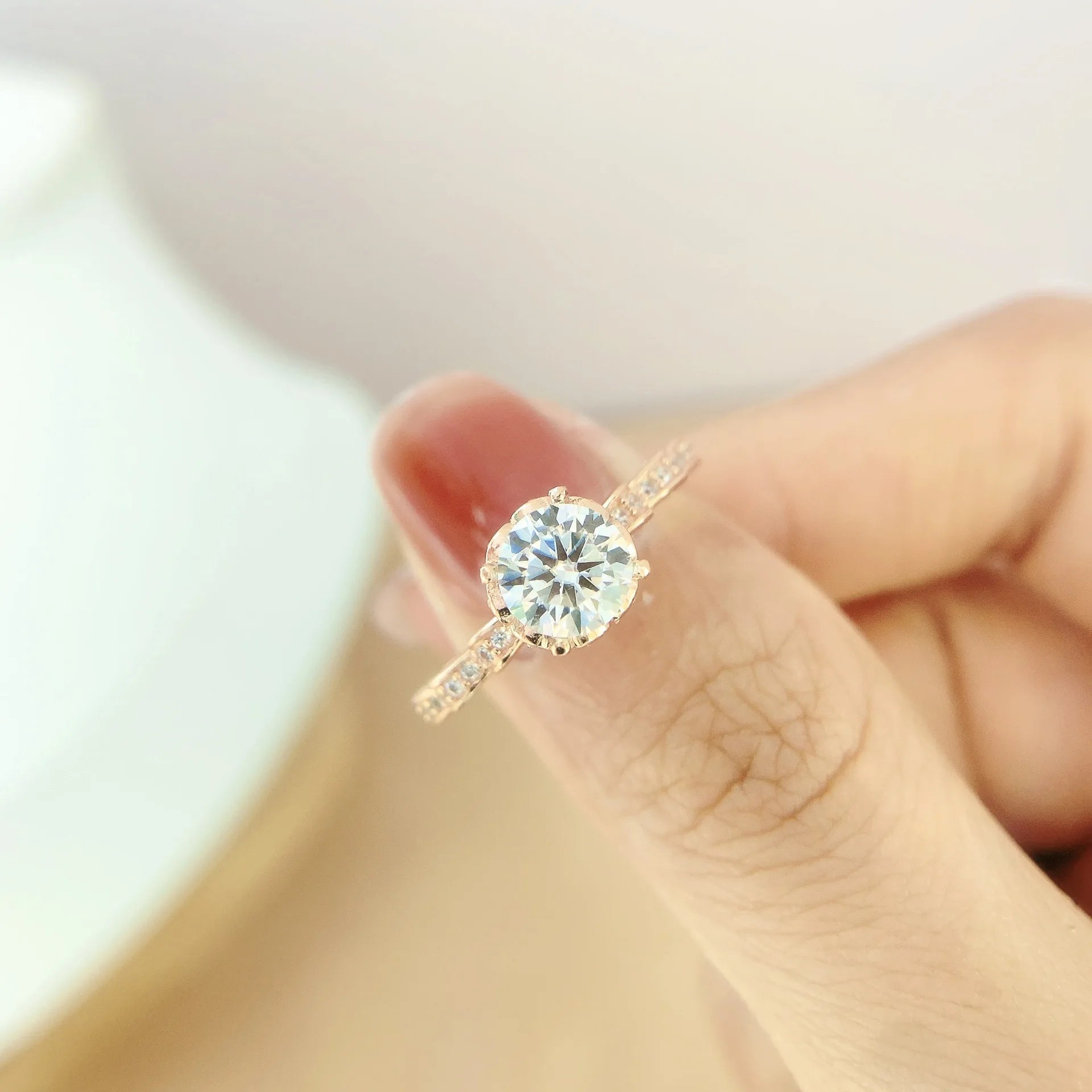 925 Sterling Silver Rose Gold Plated Prong Set Round Brilliant Cut Moissanite Wedding Ring for Women