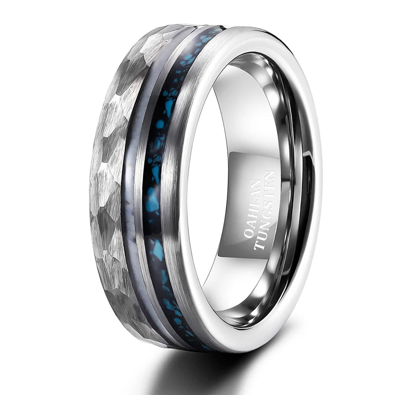 OAHLAN Fashion Male Jewelry 8mm Antler Ring Crushed Turquoise Metal Inlay Hammered Silver Tungsten Carbide Rings for Men
