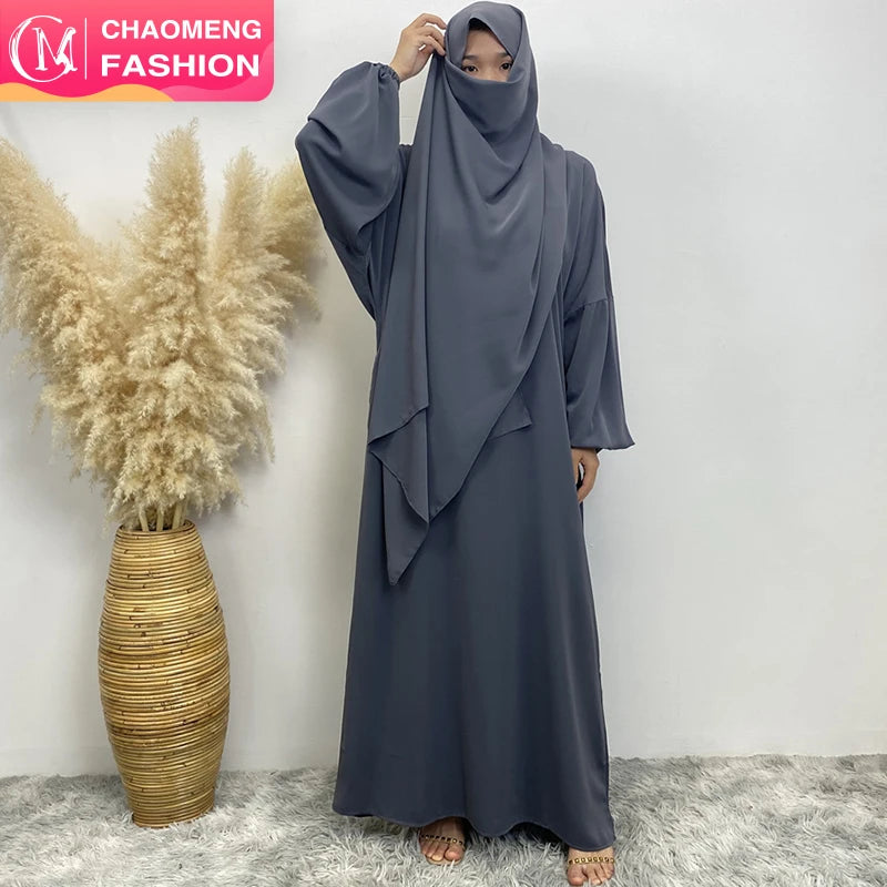 Solid Color Elasticated Cuff Nida Closed Abaya Attached Hijab  One Piece Jilbab Prayer Abayas With Side Pockets 6675#