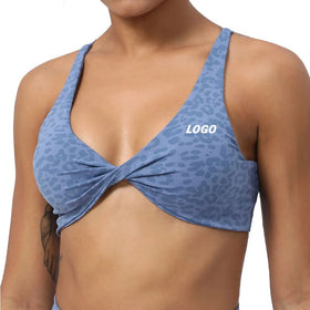 Custom Padded Sexy Leopard Print Fabric Elastic Twist Yoga Bra Sports Fitness Crossback Workout Underwear for Women
