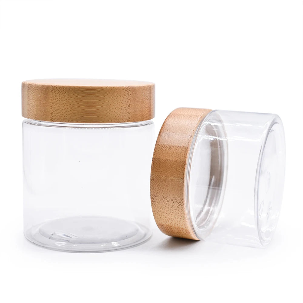 Bamboo Top Plastic Food Candy Packaging clear Amber150ml 250ml Pet Plastic Cosmetic Cream Jar