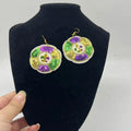 HLC Ready to Ship Mardi Gras Sequined Donut King Cake Dangle Earring w Fleur De Lis for New Orleans Parade Festive Jewelry Gift