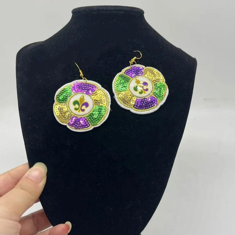 HLC Ready to Ship Mardi Gras Sequined Donut King Cake Dangle Earring w Fleur De Lis for New Orleans Parade Festive Jewelry Gift