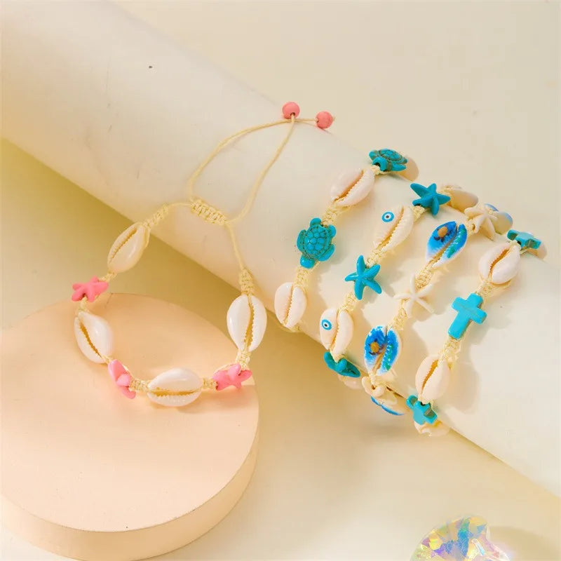 Beach Ocean Bohemian Style Evil Eye Turquoise Cross Turtle Conch Shell Starfish Bracelet for Women Men