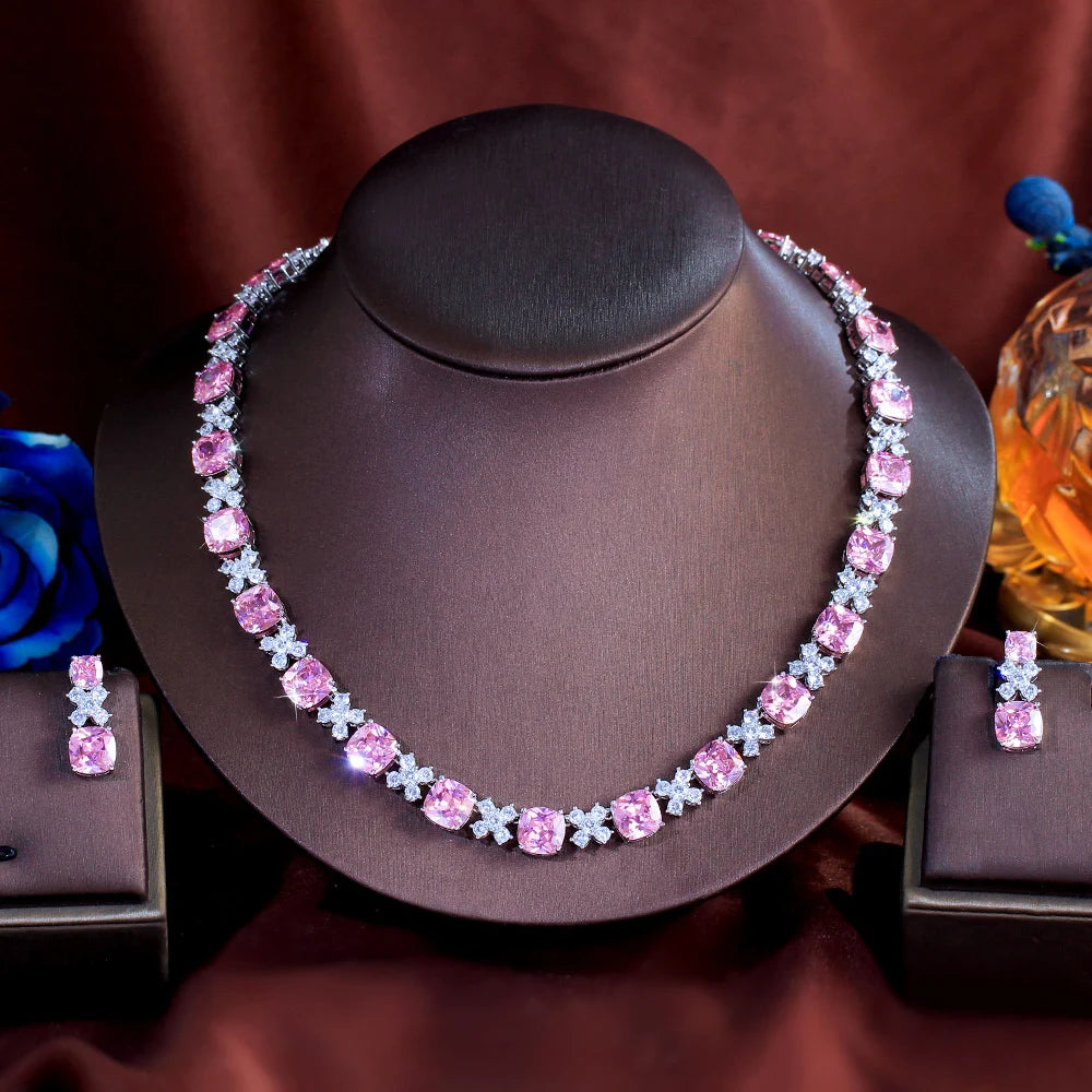 Gorgeous Square Pink Cubic Zirconia Engagement Flower Dainty CZ Necklace Earrings Wedding Prom Bridal Jewelry Sets for Women