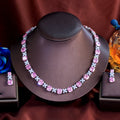 Gorgeous Square Pink Cubic Zirconia Engagement Flower Dainty CZ Necklace Earrings Wedding Prom Bridal Jewelry Sets for Women
