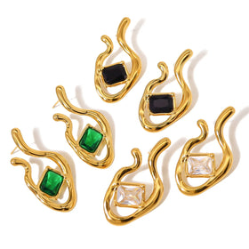 New Women Real Gold Plated Stainless Steel Irregular Cubic Zircon Earrings