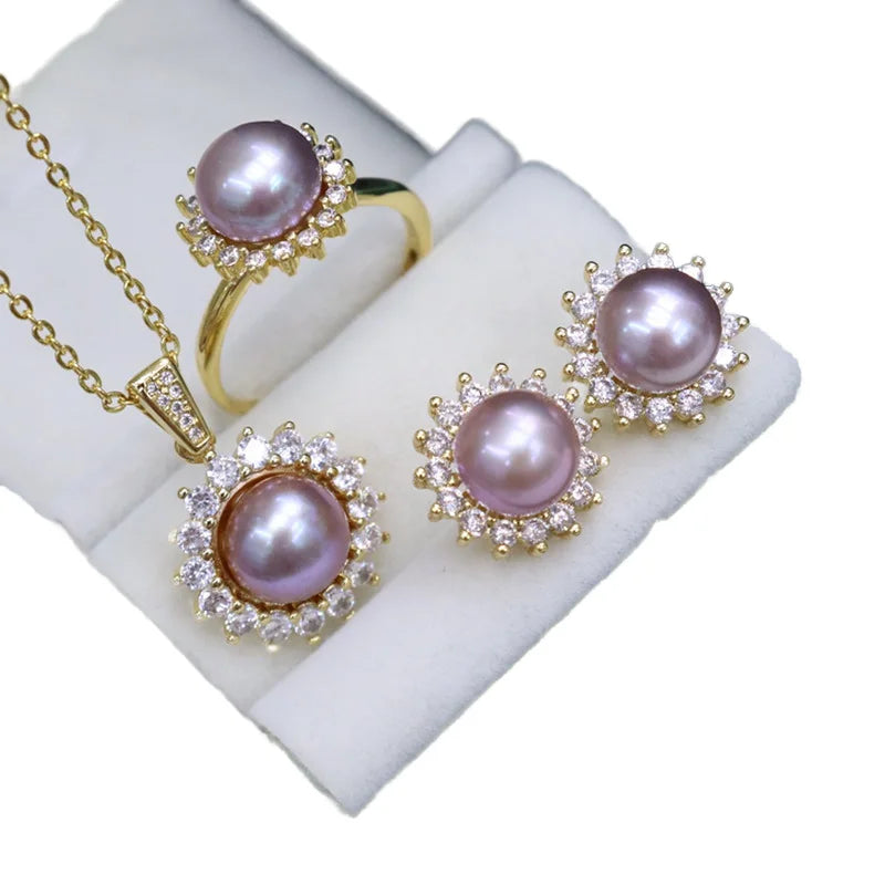 18K Gold Plated White Zircon Sunflower Fresh Water Natural Pearl Necklace Studs Ring 4 PCS Jewelry Set