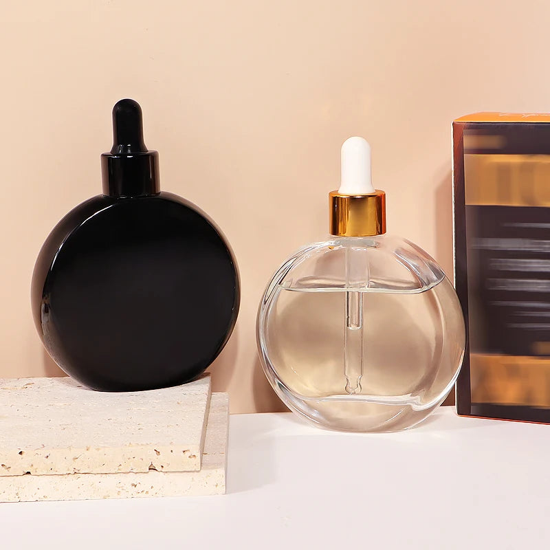 50ml Flat Round Shape clear Empty Essential Oil Dropper Glass Bottle Luxury Glass Dropper Bottles for Sale