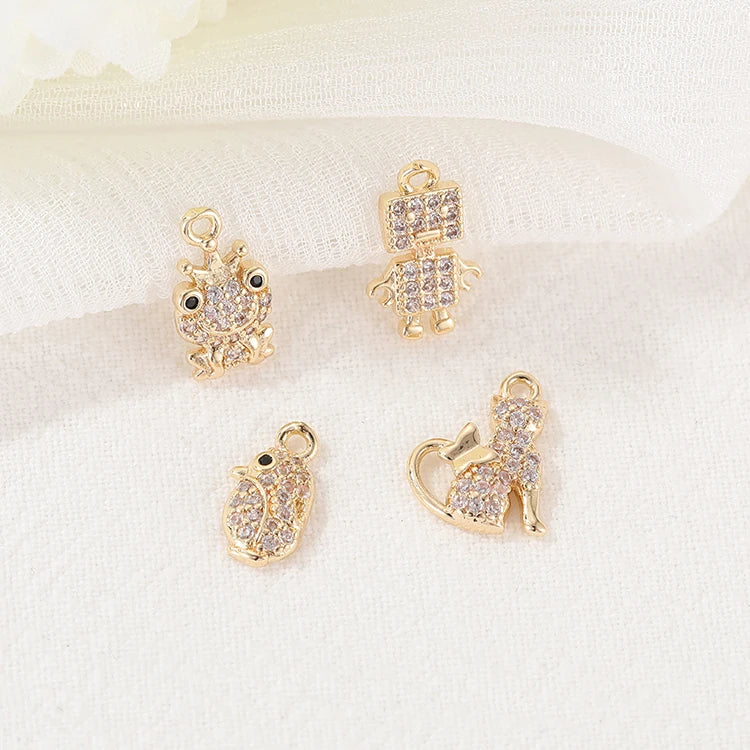 14K Gold Plated Micro Pave Zircon Frog Kitten Penguin Women's Trendy Bracelet Jewelry Mini Charms Bulk for Jewelry Making