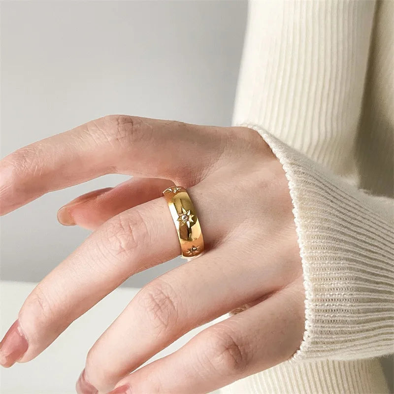 Factory Direct Wholesale Stainless Steel 18k Gold Plated Cz Ring Jewelry Octagon Star Zircon Ring for Women