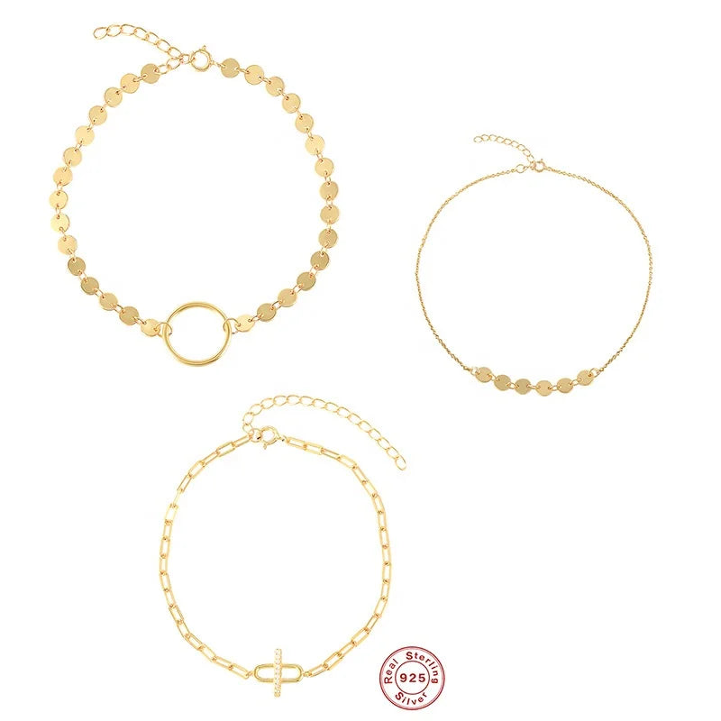 OAHLAN Fashion Jewelry 18K Gold Plated 925 Sterling Silver Round Circle Adjustable Link Chain Bracelet for Woman Girls