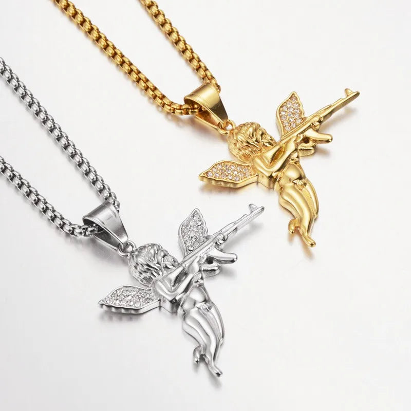 Fashion Jewelry 3d Revenge Gun Angel Wing Pendant Necklace Punk for Men Women