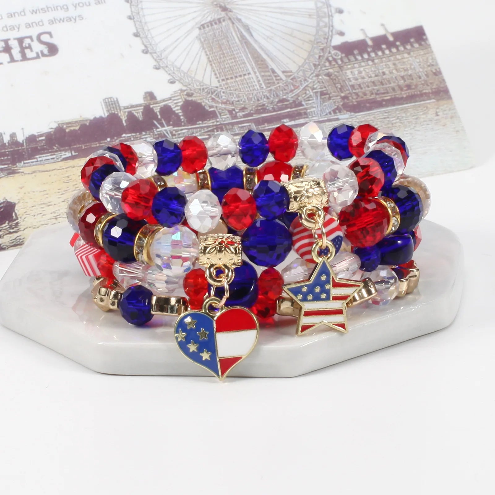 Best Selling Multi-Layer Bead Elastic Bracelet Independence Day American Flag Heart Pentagram Crystal Bracelet
