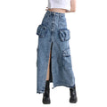 TWOTWINSTYLE Fashion New Solid Color High Waist Patchwork Button Long Women Denim Skirts