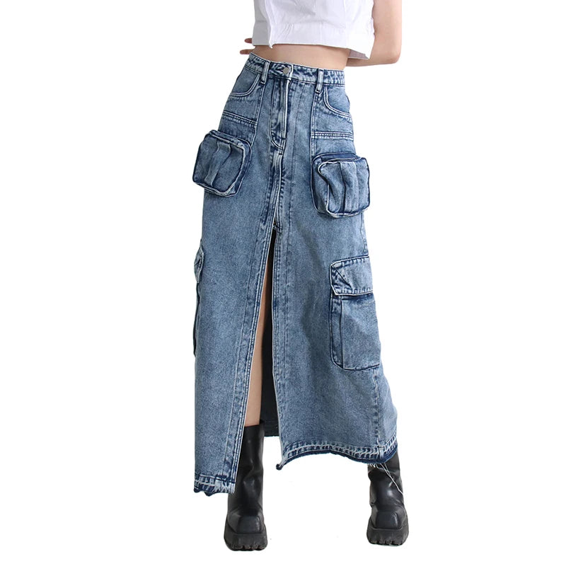 TWOTWINSTYLE Fashion New Solid Color High Waist Patchwork Button Long Women Denim Skirts