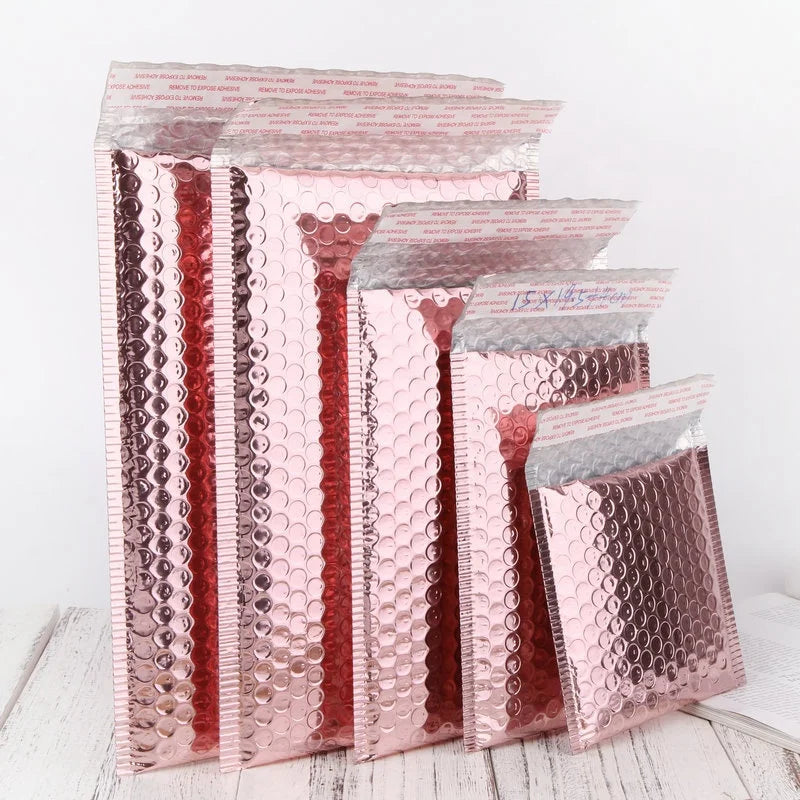 Custom Goods Packaging Bag Poly Bubble Mailers Private Labelled Adhesive Strips Courier Mail Mailing Rose Gold Envelope Bag