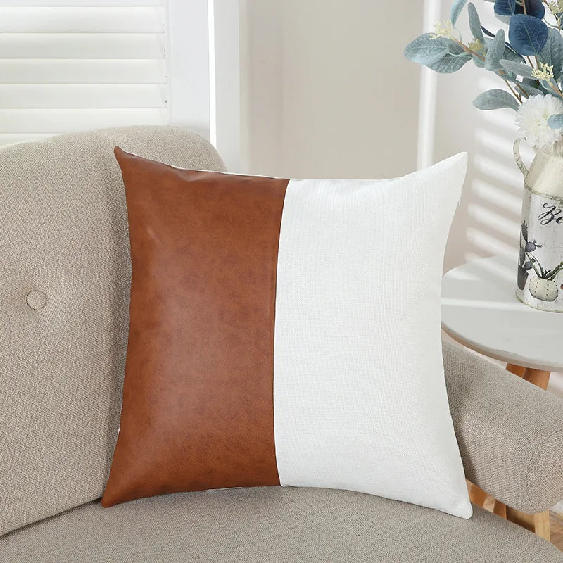Amity Modern Home Office PU Splicing Pillowcase Geometric Solid Cushion Cover Printed Throw Pillow Covers