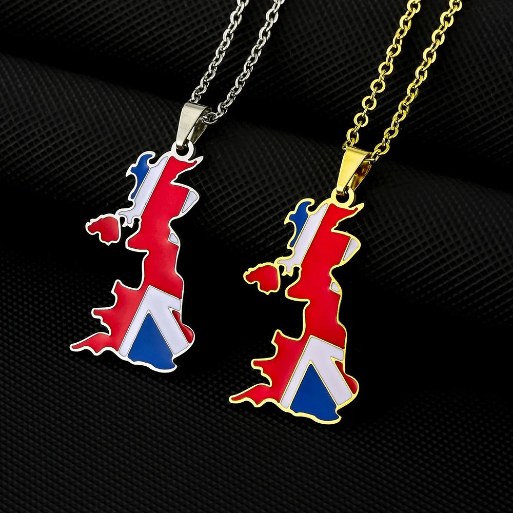 Stainless Steel Enamel United Kingdom of Great Britain and Northern Ireland 18K Gold Plated Flag Map Pendant Chain Necklace