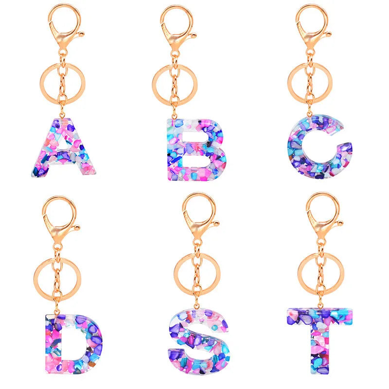Cute Sparkly Multi Color Handbag Accessories A-Z Initial Letter Glitter Resin Epoxy Alphabet Acrylic Charms Keychain with Tassel