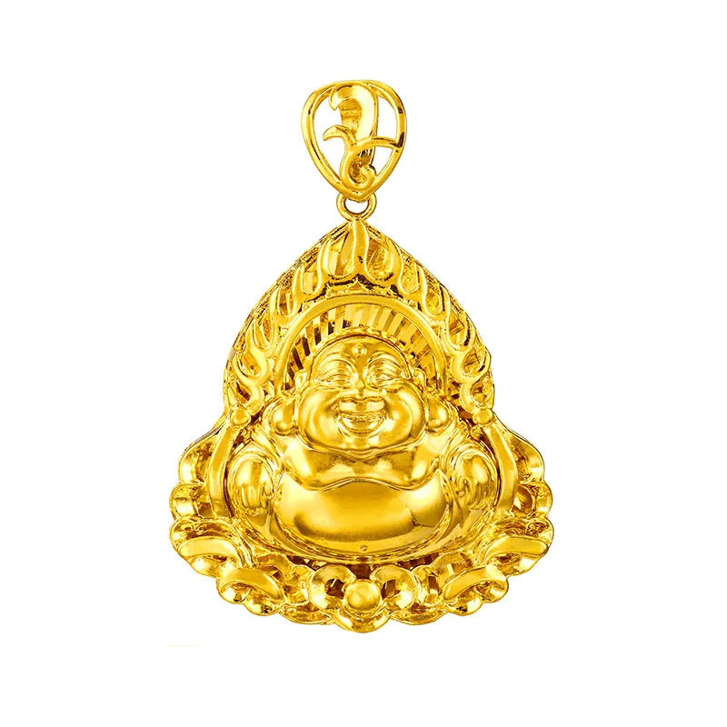 Placer Gold Flame Buddha Pendant Necklace Brass Gold-Plated Smiling Face Maitreya Buddha Men and Women Pendant Necklace