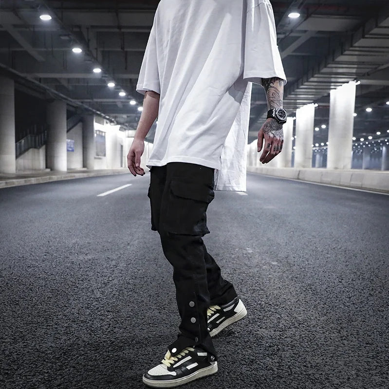 OEM Men's Mid Waist Cargo Jeans Latest Street Wear Trousers with Elastic Closure