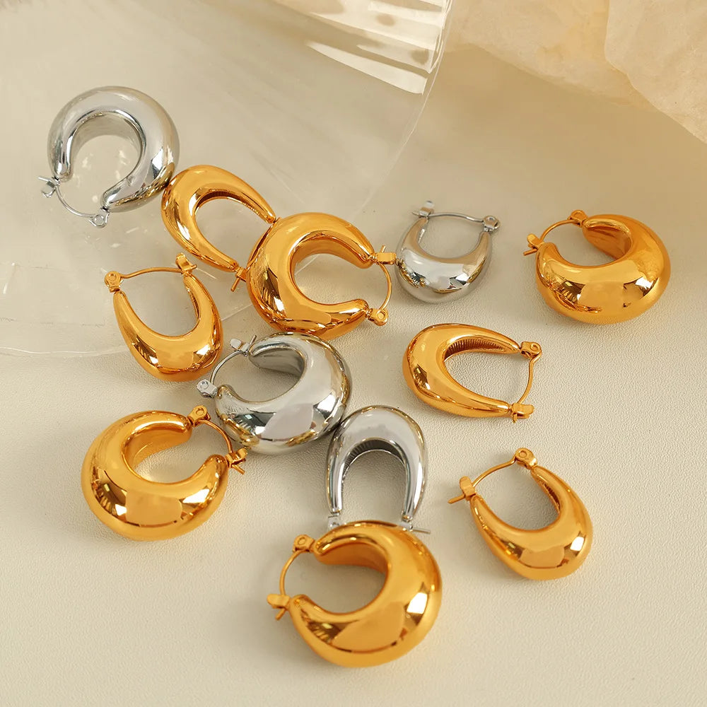 Waterproof 18K Gold Plated Chunky Earrings Hypoallergenic Stainless Steel Hollow Hoop Out U Shaped Large Earring for Women