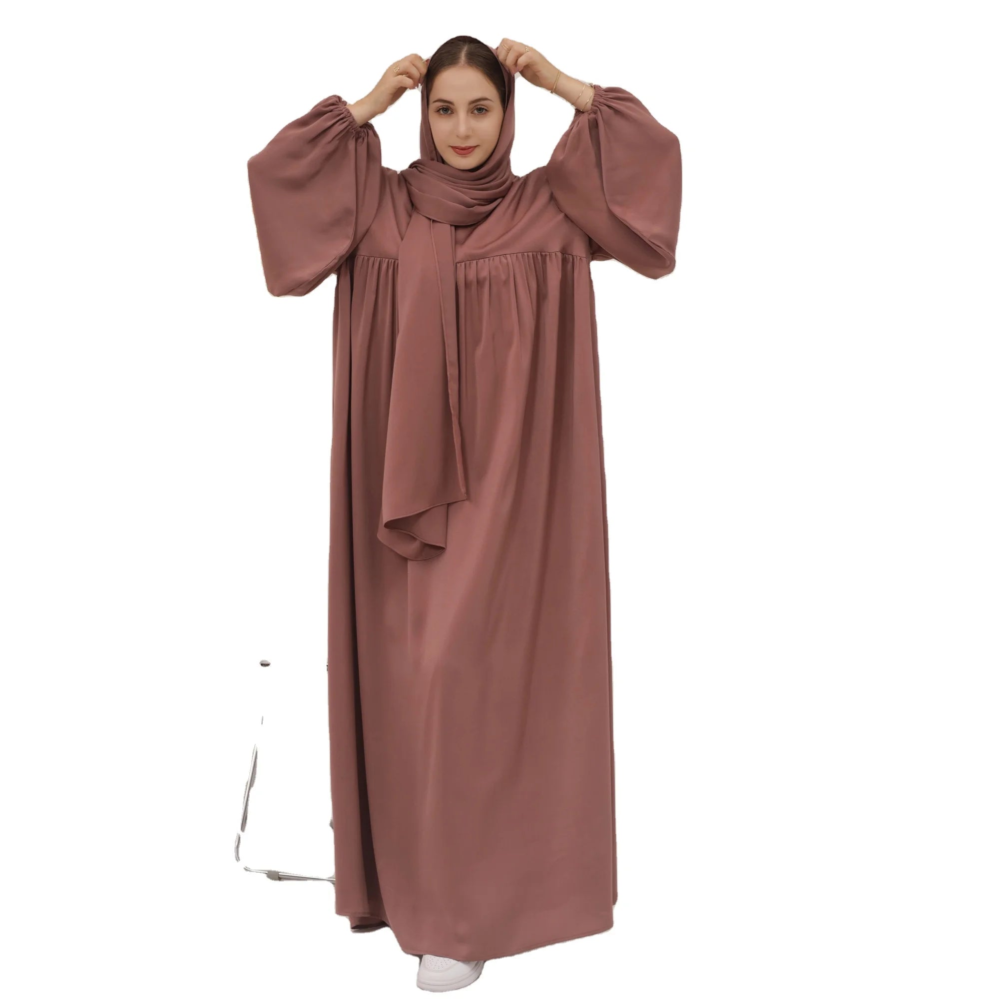 Modest Fashion Satin Hijab Abaya Set Turkish Arab Robe Islamic Ramadan Kimino Dress Femme Musulmane Clothing