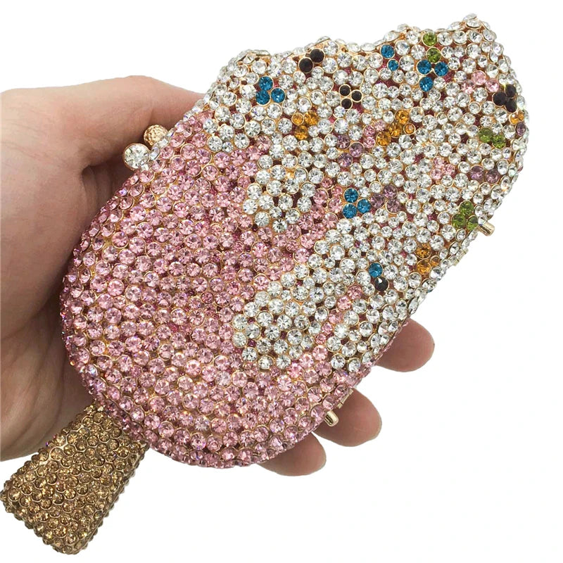 Retail Luxury Diamond Ladies Evening Clutch Crystal Rhinestone Popsicle Ice Cream Purse Handbag Metal Chain Grape Party Fashion