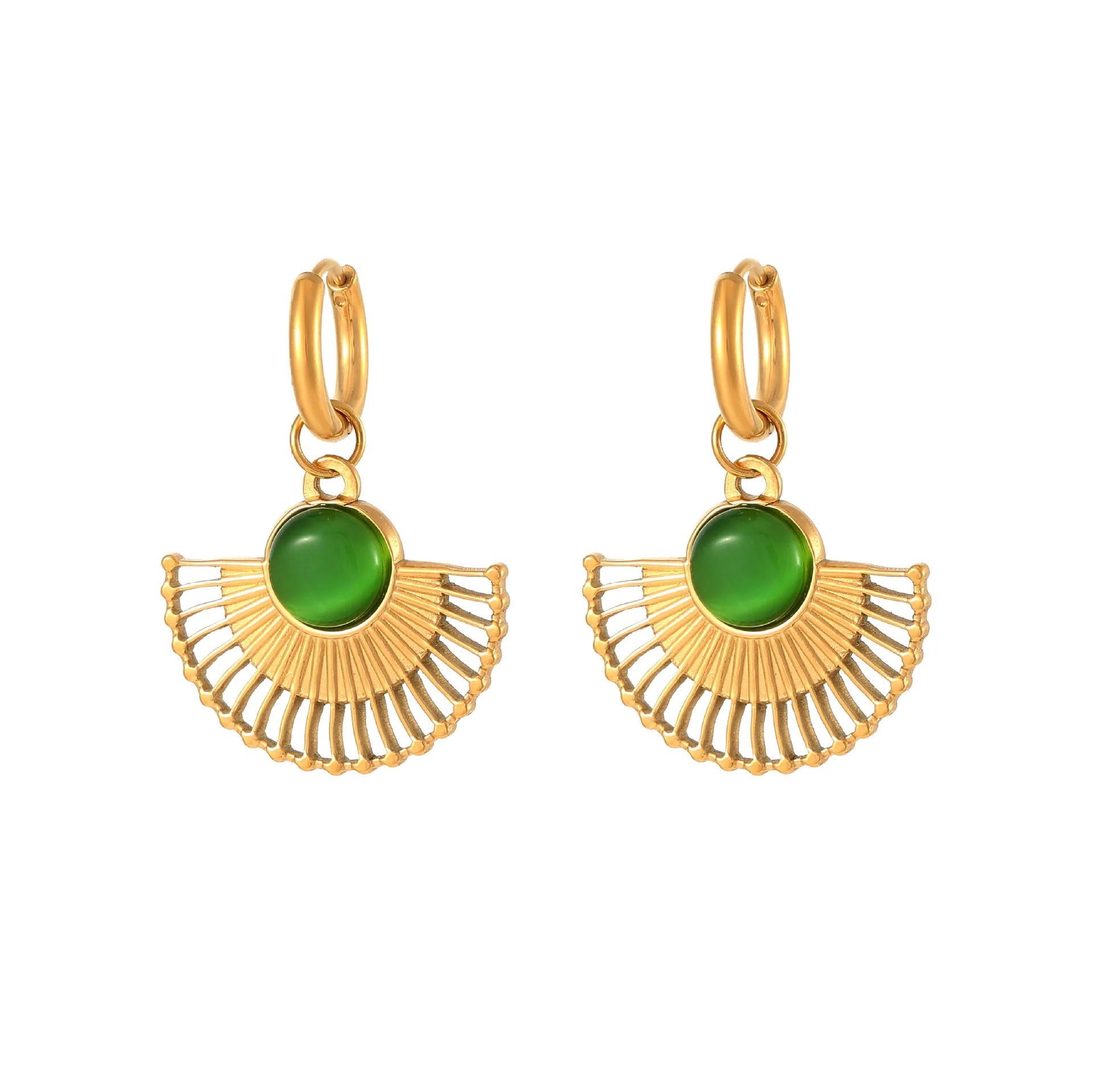 Hypoallergenic 18k Gold Plated Stainless Steel Jewelry Fashion Gemstone Green Cat Eye Stud Earrings Ladies Jewelry for Women