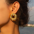 New Stainless Steel Handmade Inlaid Earring Black Zircon Bread Pattern Gold Plated Round Earrings
